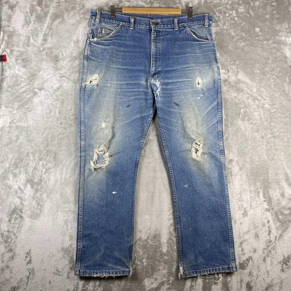 Vintage 70s Saddle King Jeans Mens fits 38x30 Distressed Repaired TALON Whisker